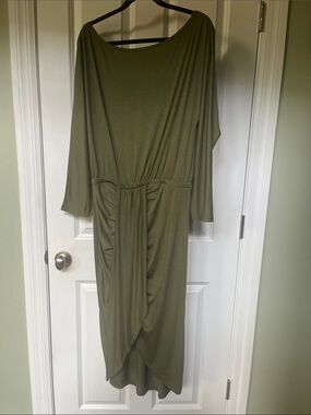 Olive Green Long Sleeve Draped Midi Dress